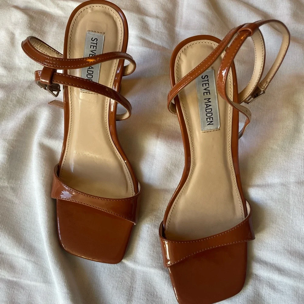 Steve Madden Glossy Brown Strappy Heels - Picture 5 of 9
